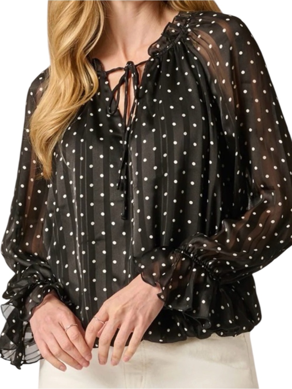 Adrianna Papell Long Sleeve Chiffon Ruffle Blouse In Black Cream Dot - Size S
